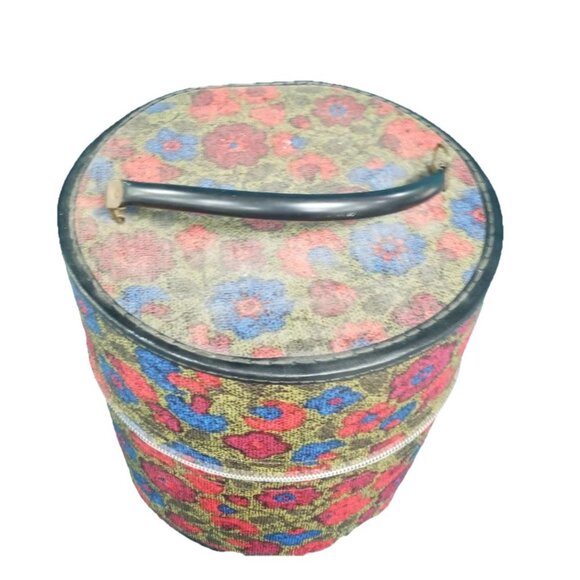 Vtg 60s/70s Multicolor Floral Wig Tote/Hatbox, Storage Travel Case 1970s 1960s - Picture 3 of 10